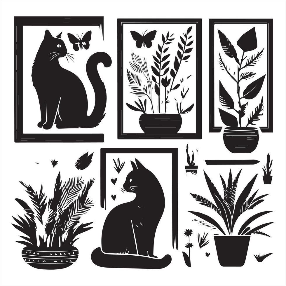 PrintA collage of a cat a plant in an illustrated frame risograph silhouette white background vector
