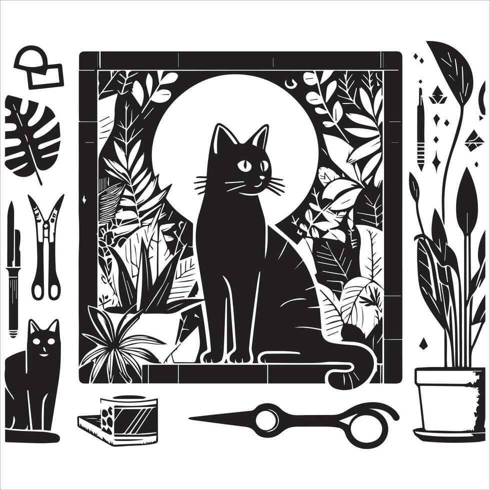 PrintA collage of a cat a plant in an illustrated frame risograph silhouette white background vector