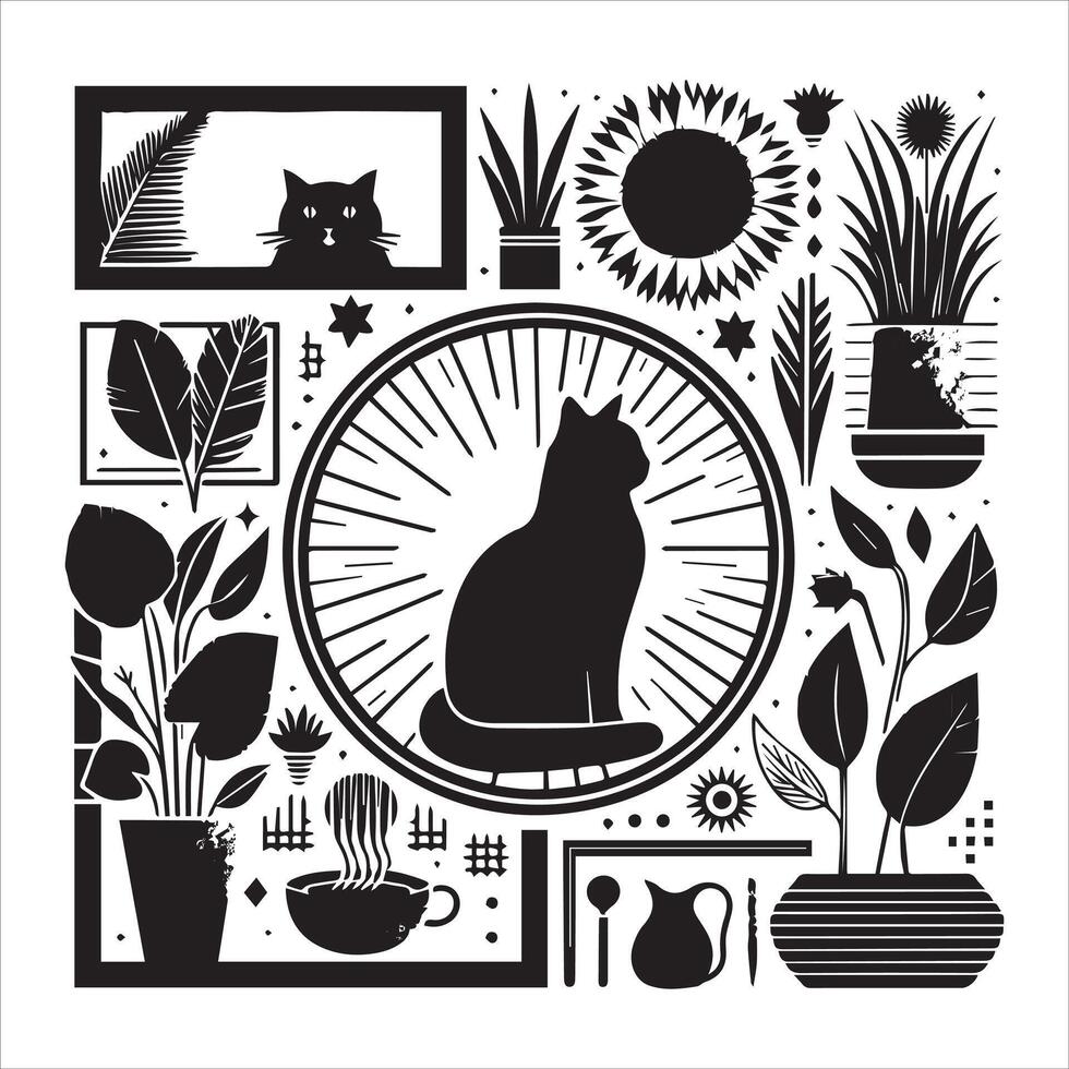 PrintA collage of a cat a plant in an illustrated frame risograph silhouette white background vector