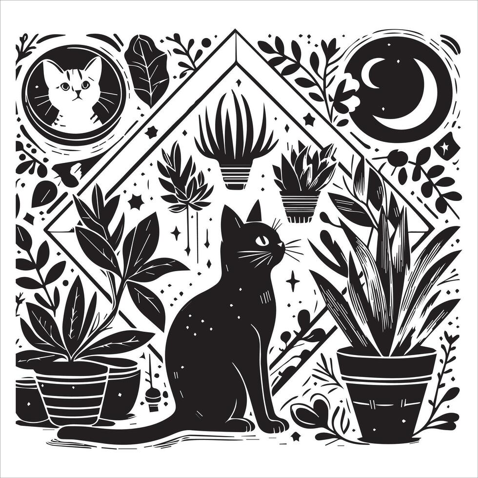 PrintA collage of a cat a plant in an illustrated frame risograph silhouette white background vector