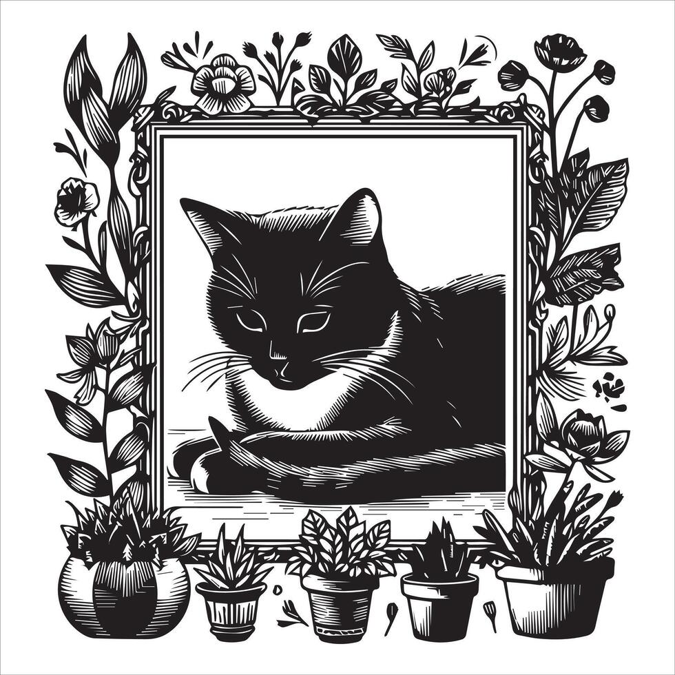 PrintA collage of a cat a plant in an illustrated frame risograph silhouette white background vector