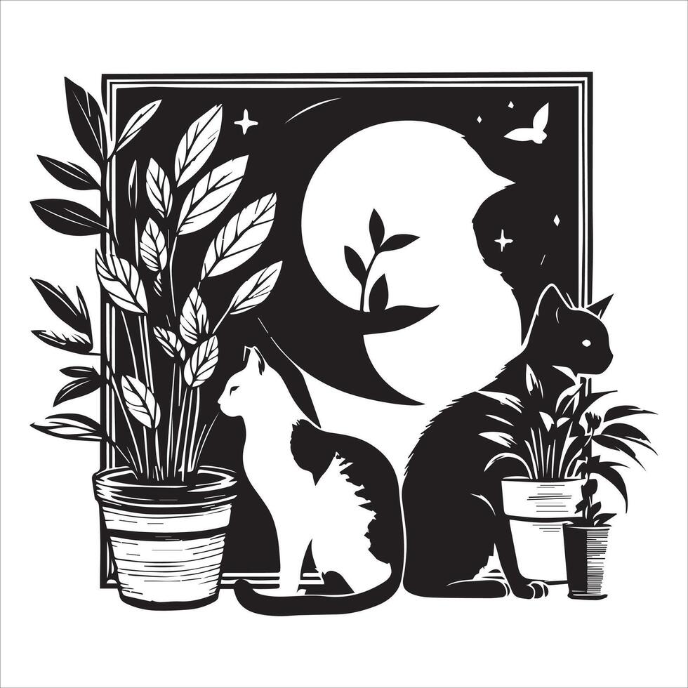 PrintA collage of a cat a plant in an illustrated frame risograph silhouette white background vector