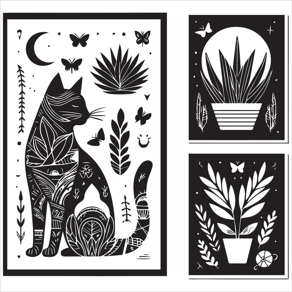 PrintA collage of a cat a plant in an illustrated frame risograph silhouette white background vector
