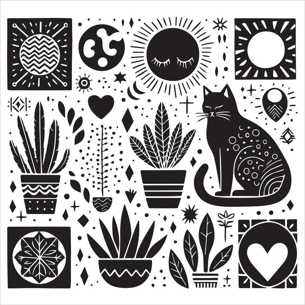 PrintA collage of a cat a plant in an illustrated frame risograph silhouette white background vector