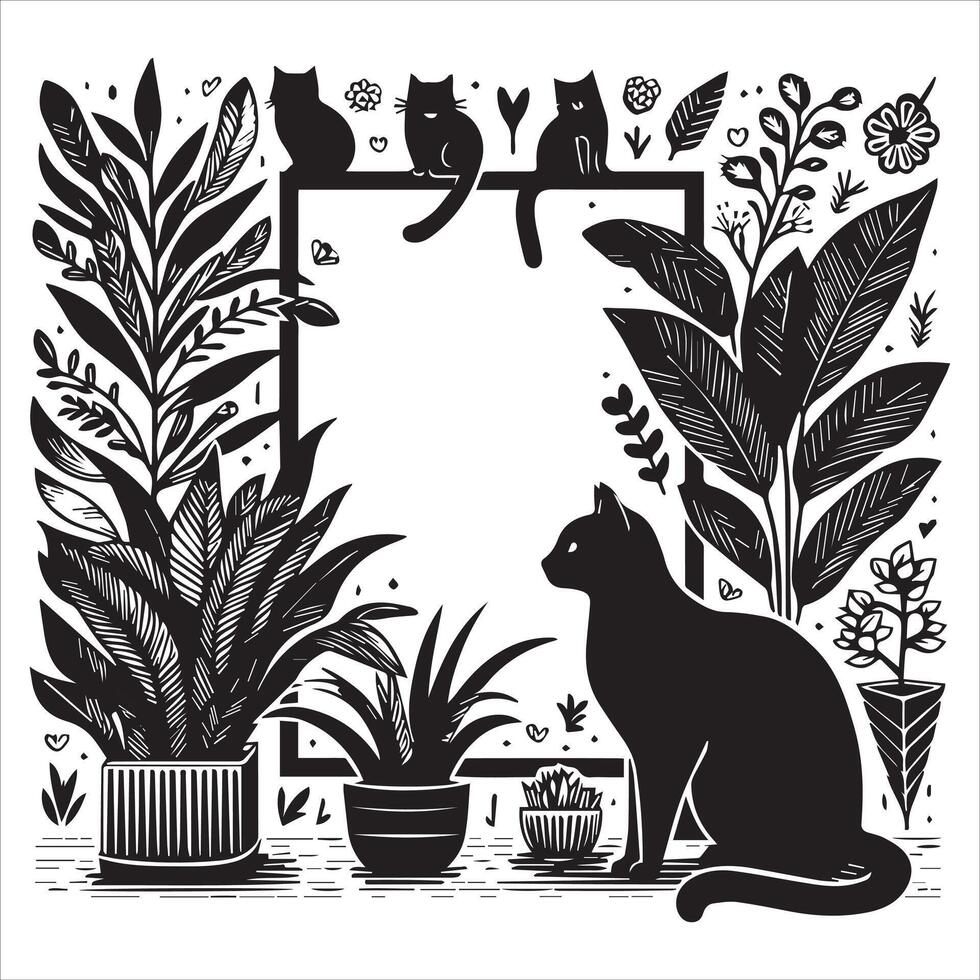 PrintA collage of a cat a plant in an illustrated frame risograph silhouette white background vector
