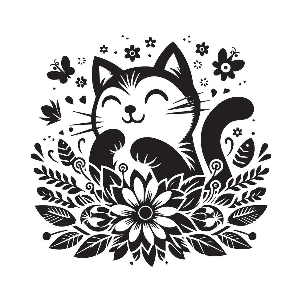 PrintA collage of a cat a plant in an illustrated frame risograph silhouette white background vector