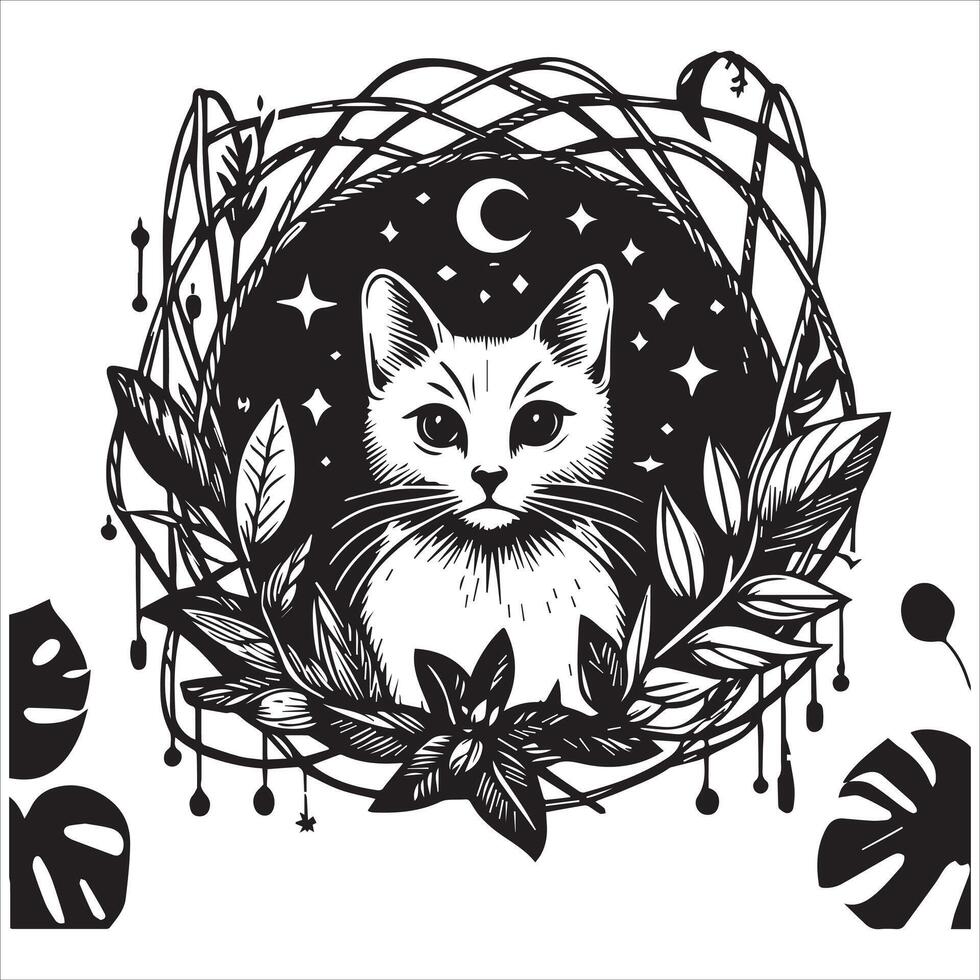 PrintA collage of a cat a plant in an illustrated frame risograph silhouette white background vector