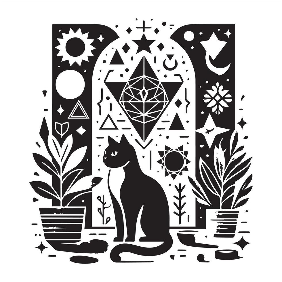 PrintA collage of a cat a plant in an illustrated frame risograph silhouette white background vector