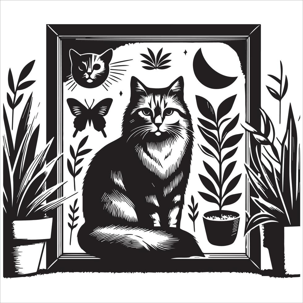 PrintA collage of a cat a plant in an illustrated frame risograph silhouette white background vector