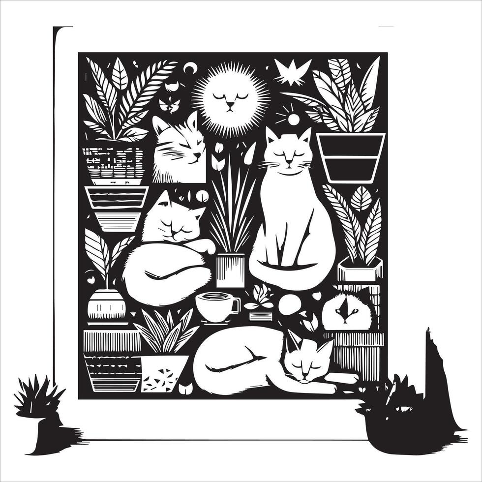 Print Abstract boho cats print printable wall art cat vector