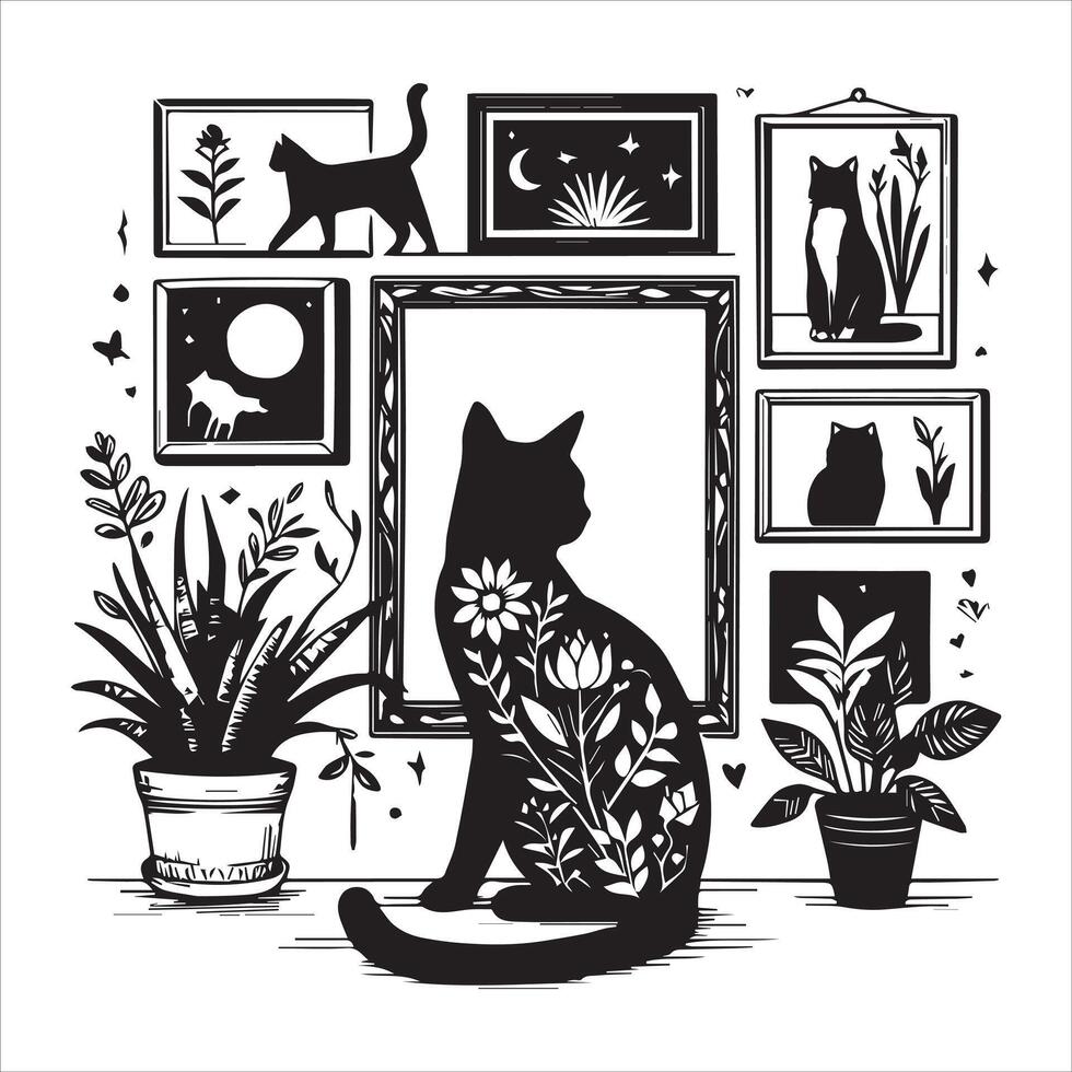 Print Abstract boho cats print printable wall art cat vector