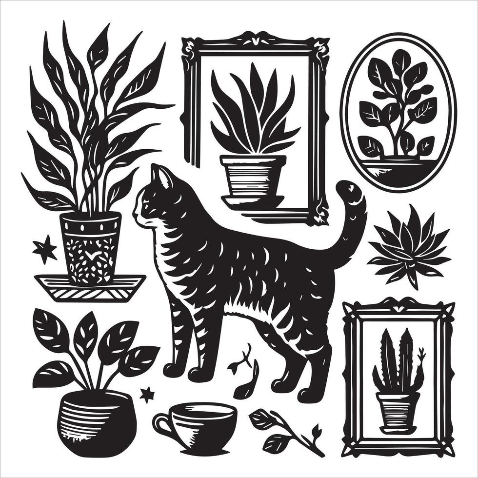 Print Abstract boho cats print printable wall art cat vector