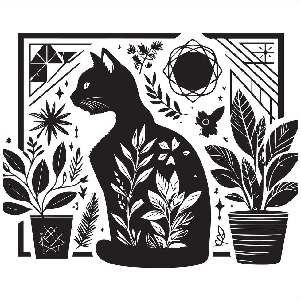 Print Abstract boho cats print printable wall art cat vector