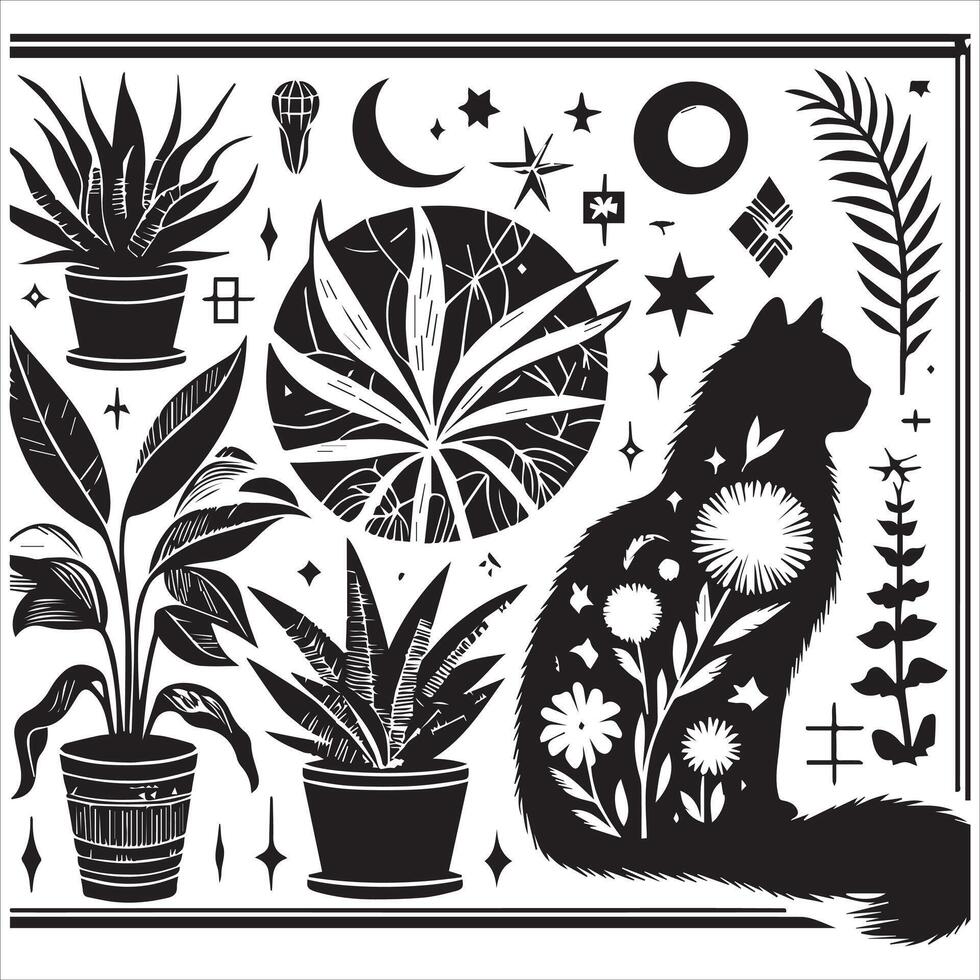 Print Abstract boho cats print printable wall art cat vector