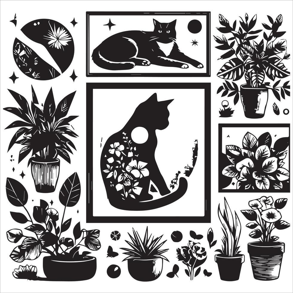 Print Abstract boho cats print printable wall art cat vector