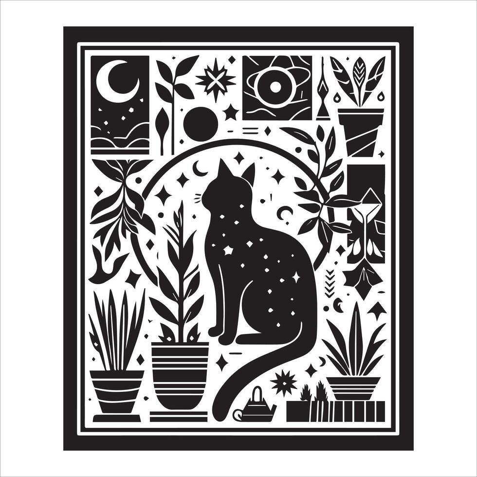 Print Abstract boho cats print printable wall art cat vector