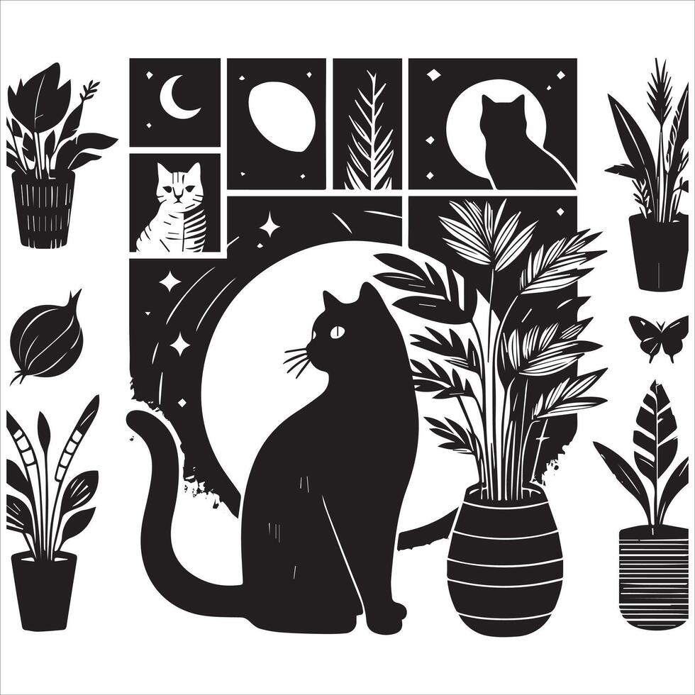 Print Abstract boho cats print printable wall art cat vector