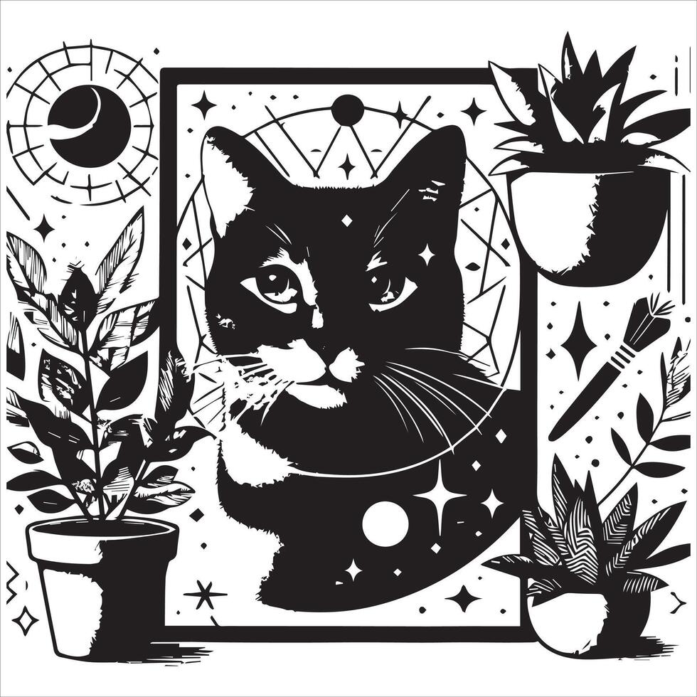 Print Abstract boho cats print printable wall art cat vector