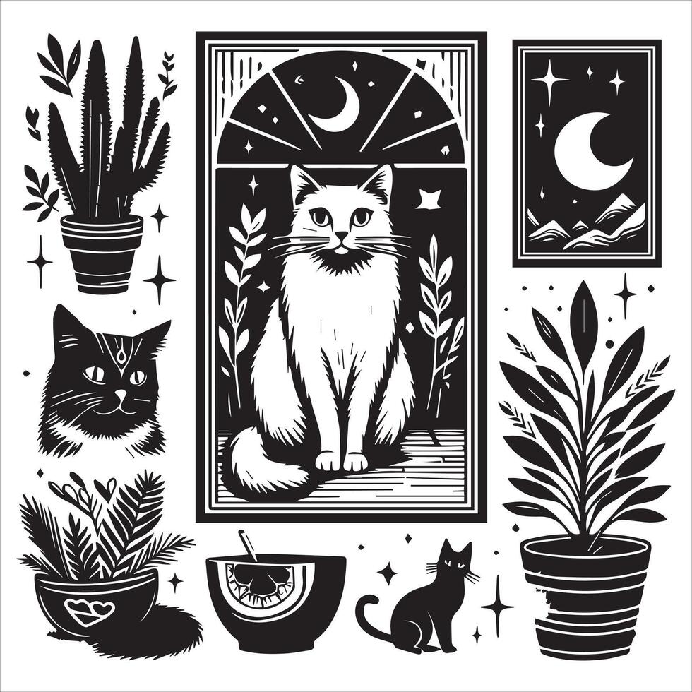 Print Abstract boho cats print printable wall art cat vector