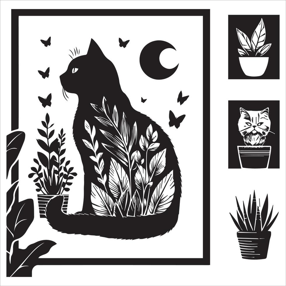 Print Abstract boho cats print printable wall art cat vector