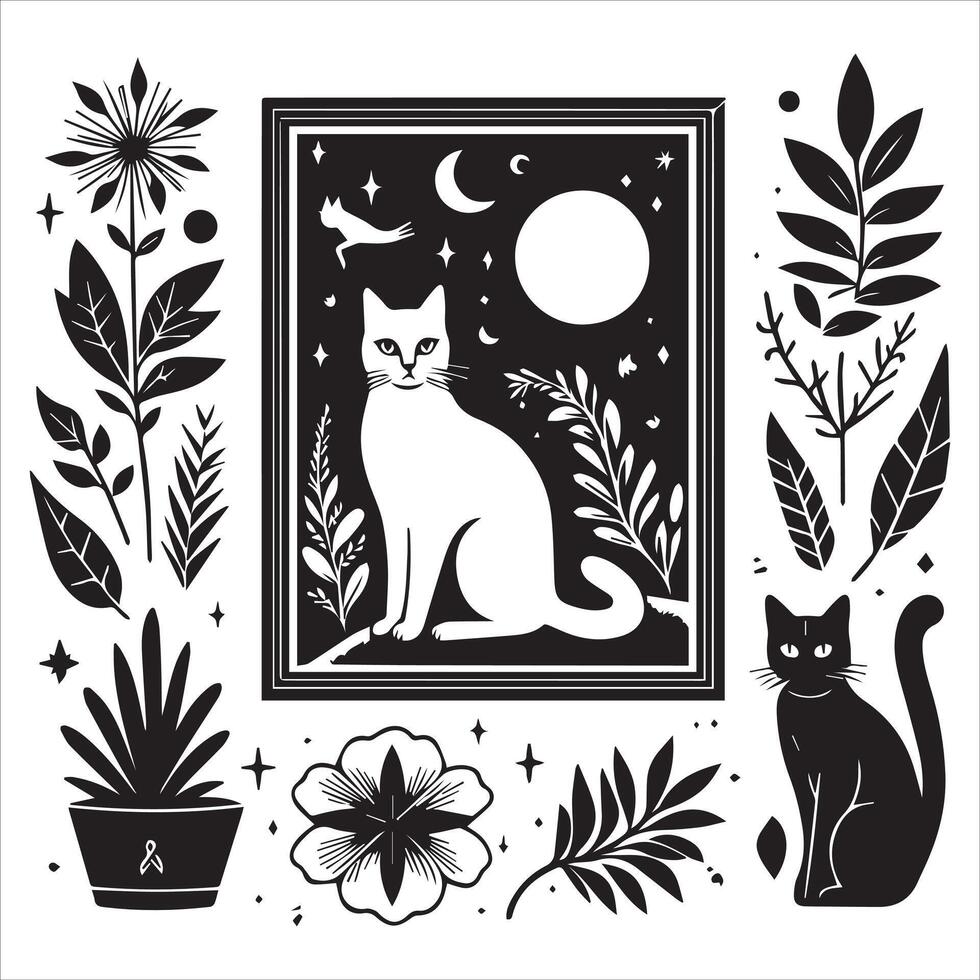 Print Abstract boho cats print printable wall art cat vector