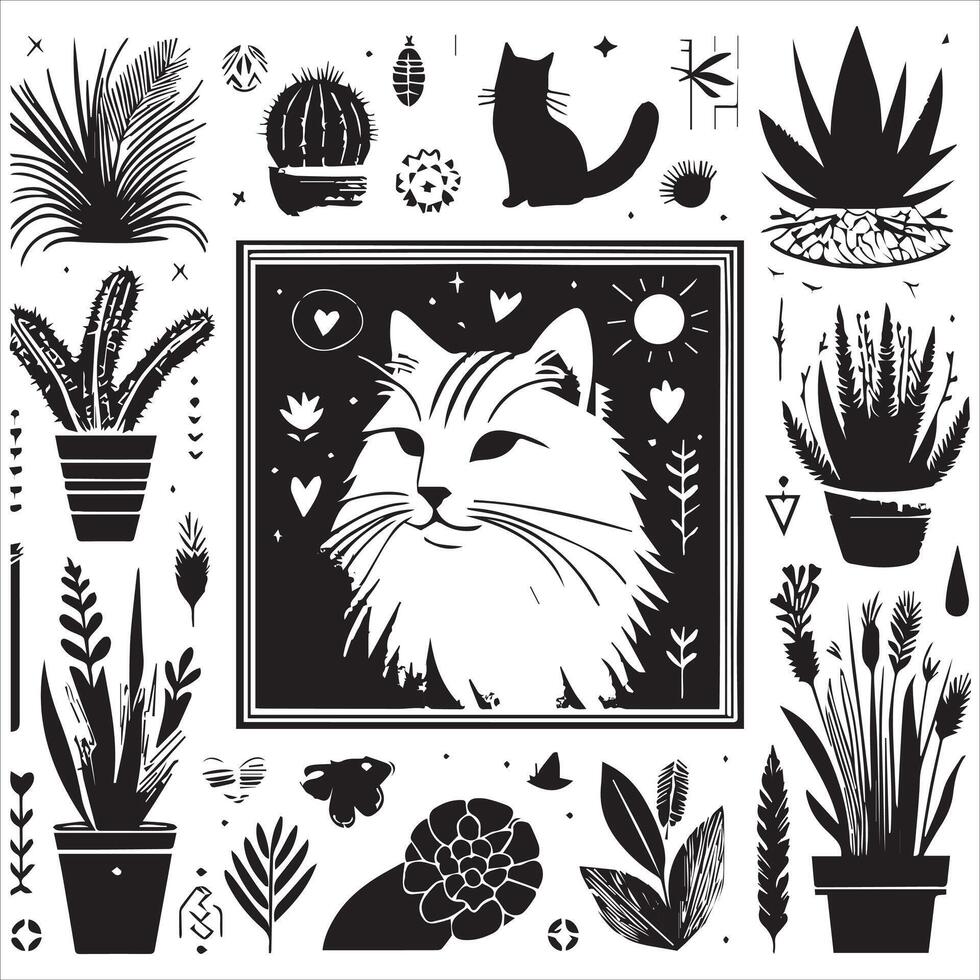 Print Abstract boho cats print printable wall art cat vector