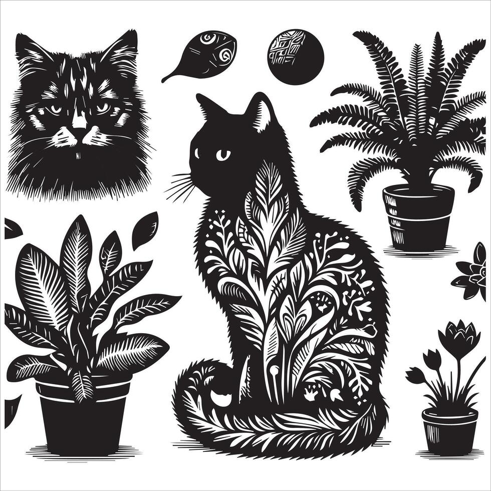 Print Abstract boho cats print printable wall art cat vector