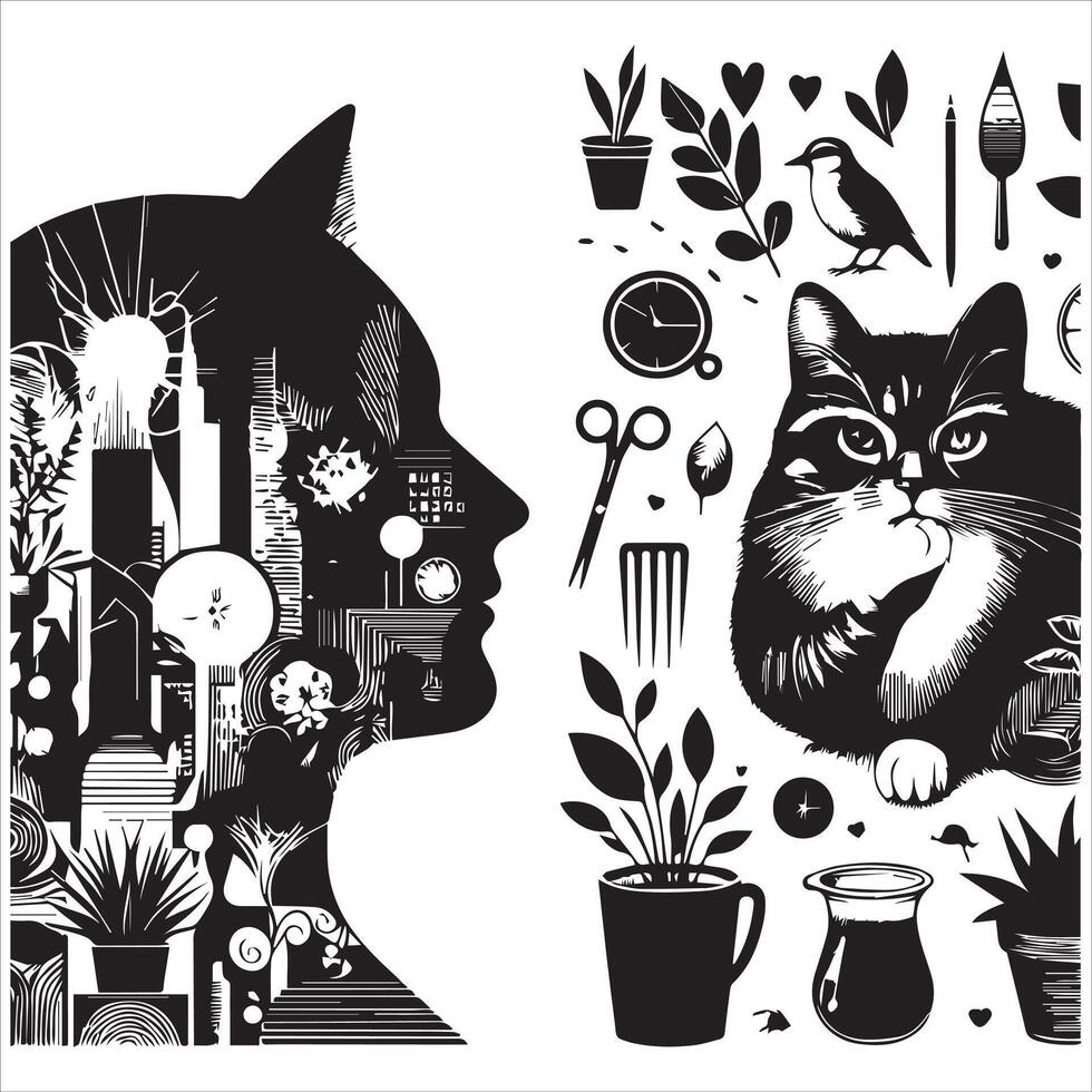 Print Abstract boho cats print printable wall art cat vector