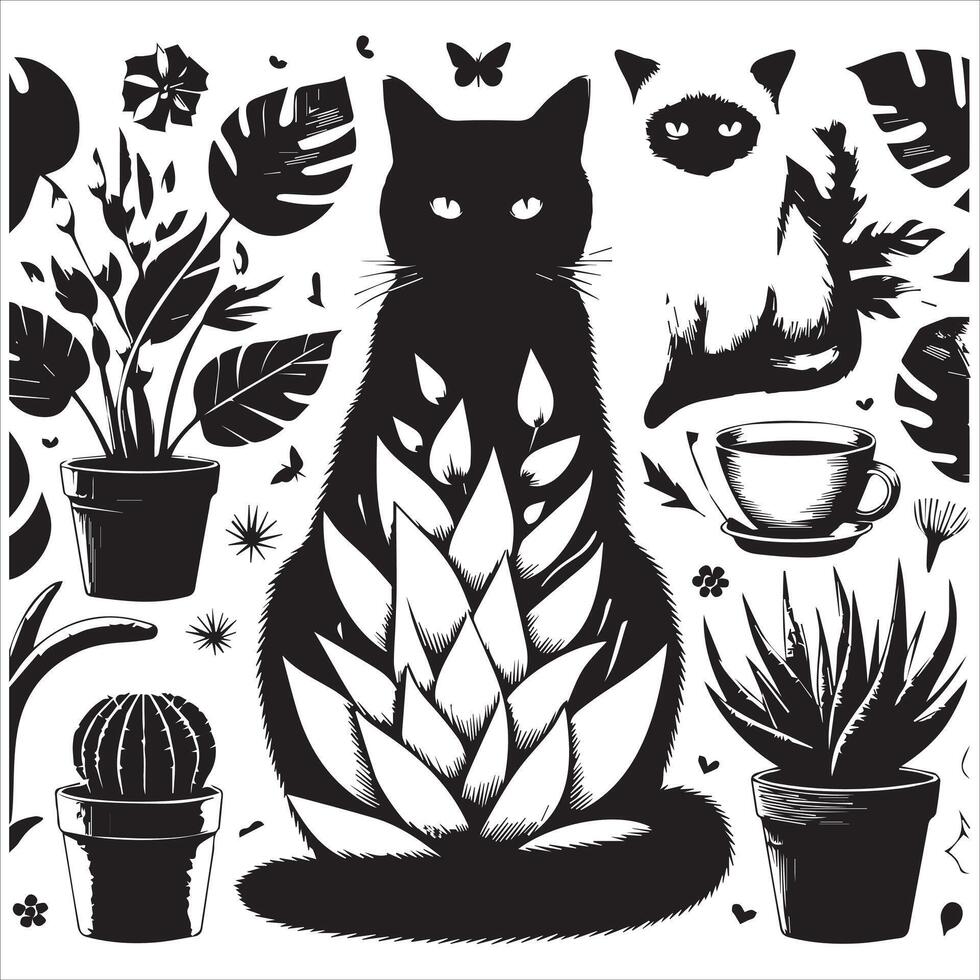 Print Abstract boho cats print printable wall art cat vector