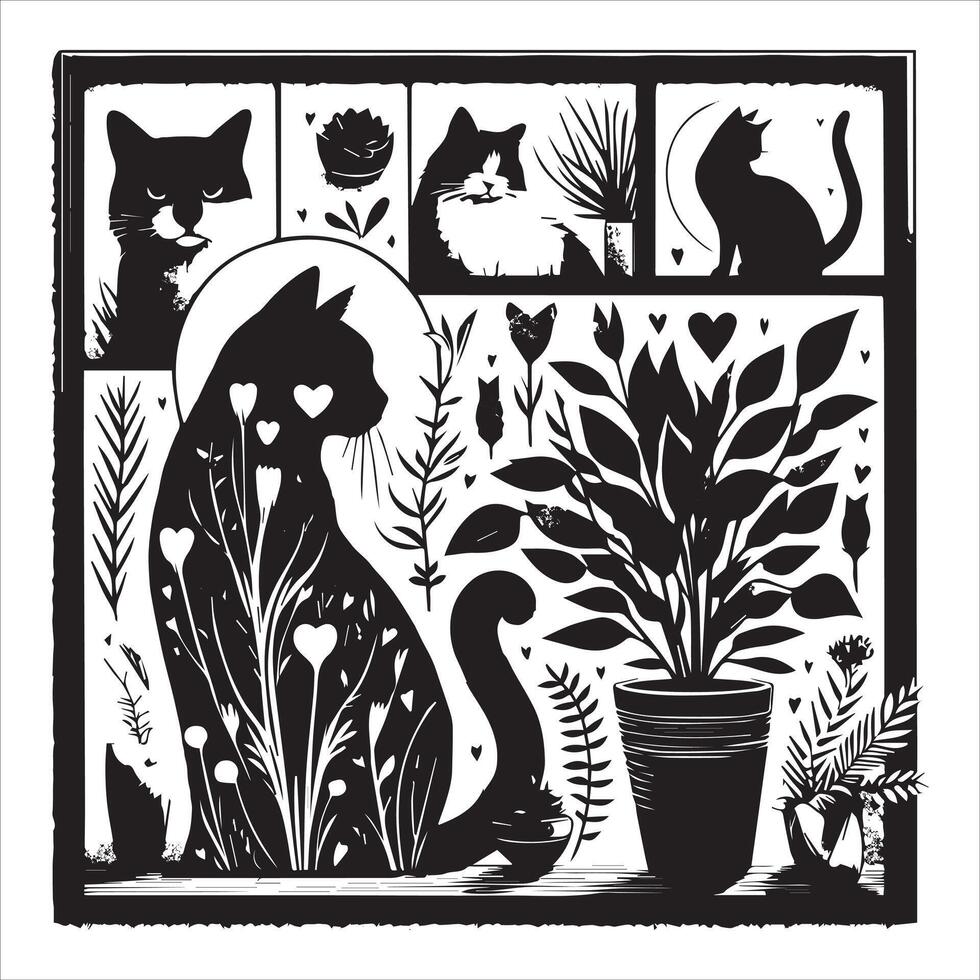 Print Abstract boho cats print printable wall art cat vector