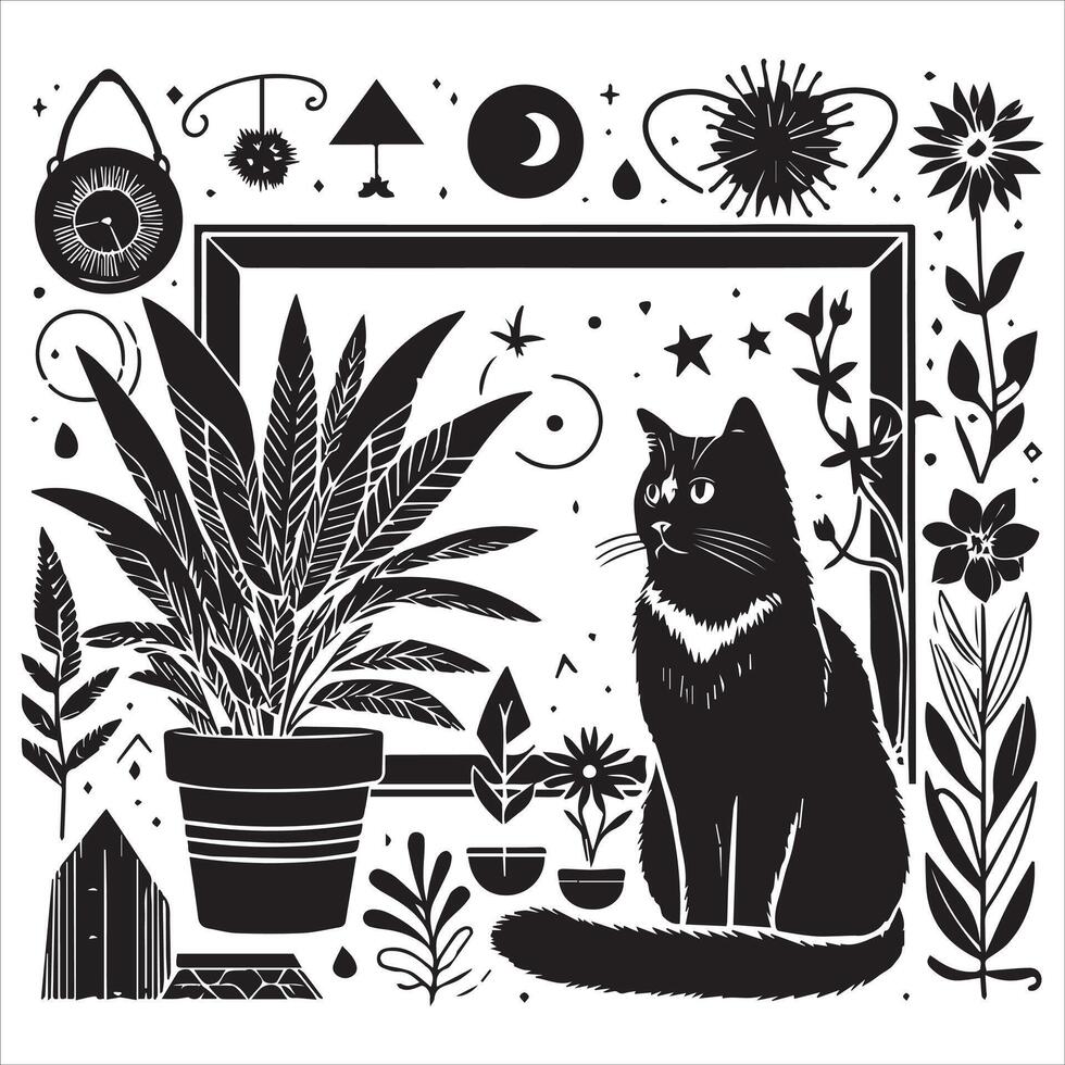 Print Abstract boho cats print printable wall art cat vector