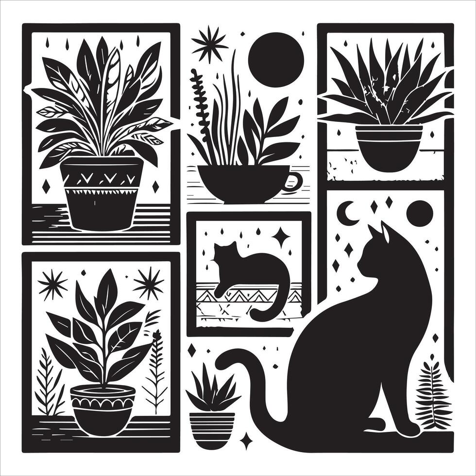 Print Abstract boho cats print printable wall art cat vector