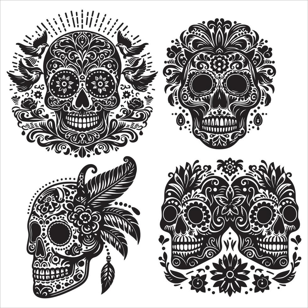 Mexican floral Skull silhouette design tattoo Illustration Set In Black And White stock illustrationPrint vector