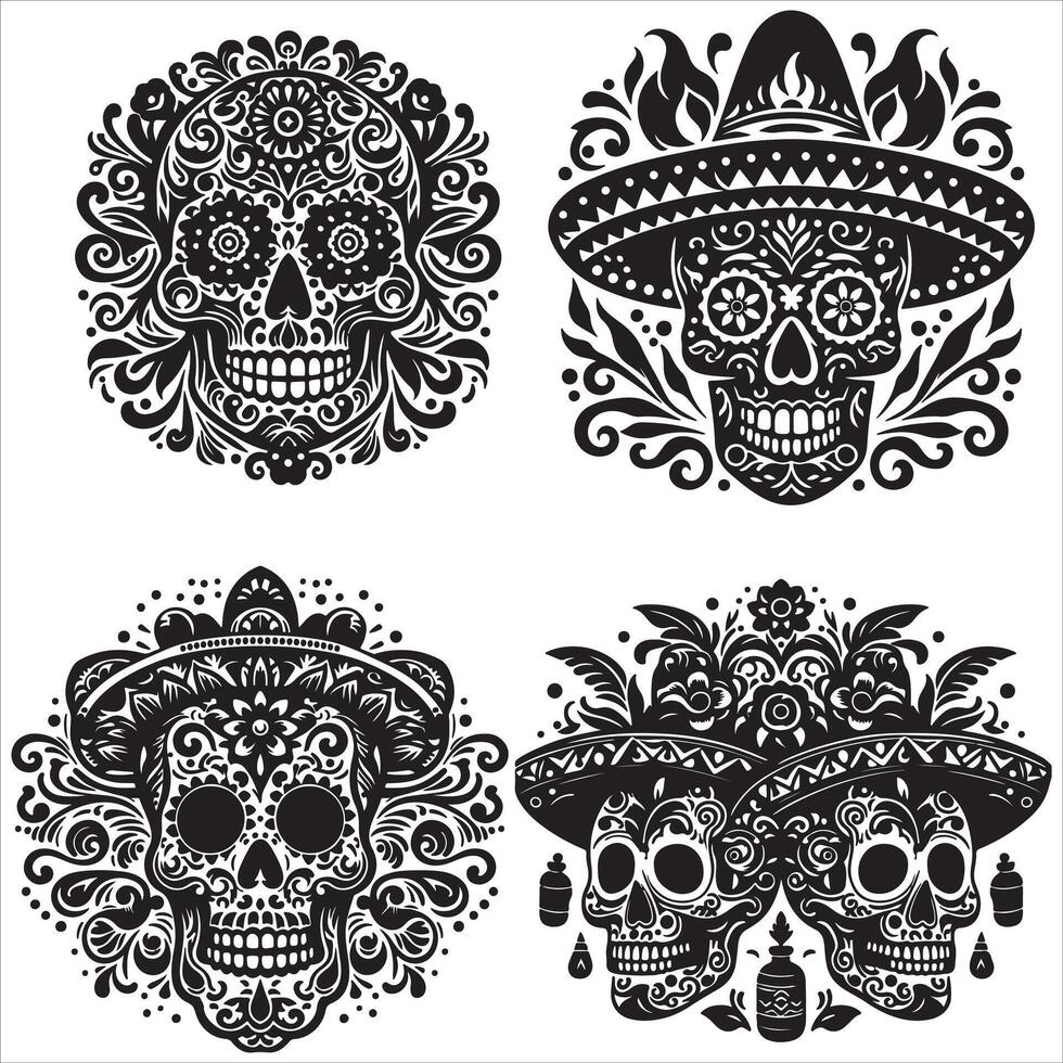 Mexican floral Skull silhouette design tattoo Illustration Set In Black And White stock illustrationPrint vector
