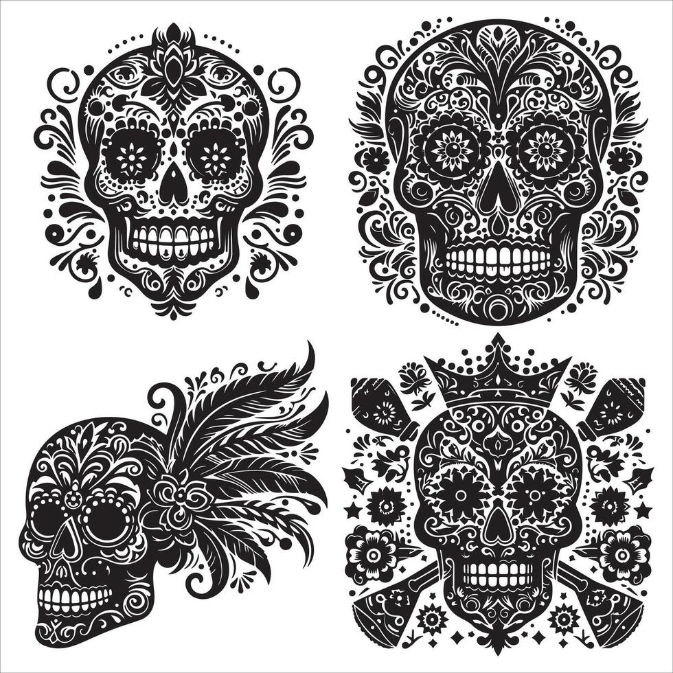 Mexican floral Skull silhouette design tattoo Illustration Set In Black And White stock illustrationPrint vector