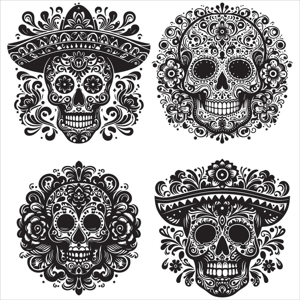 Mexican floral Skull silhouette design tattoo Illustration Set In Black And White stock illustrationPrint vector