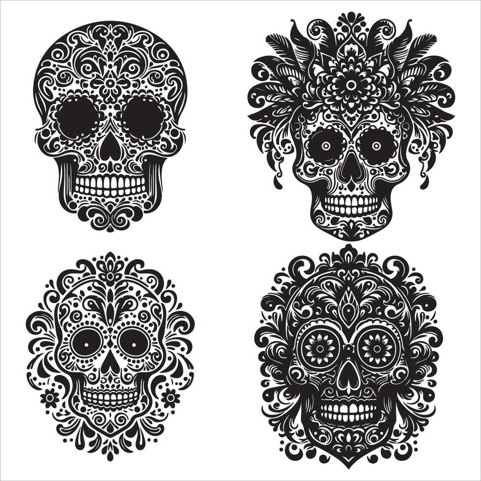Mexican floral Skull silhouette design tattoo Illustration Set In Black And White stock illustrationPrint vector