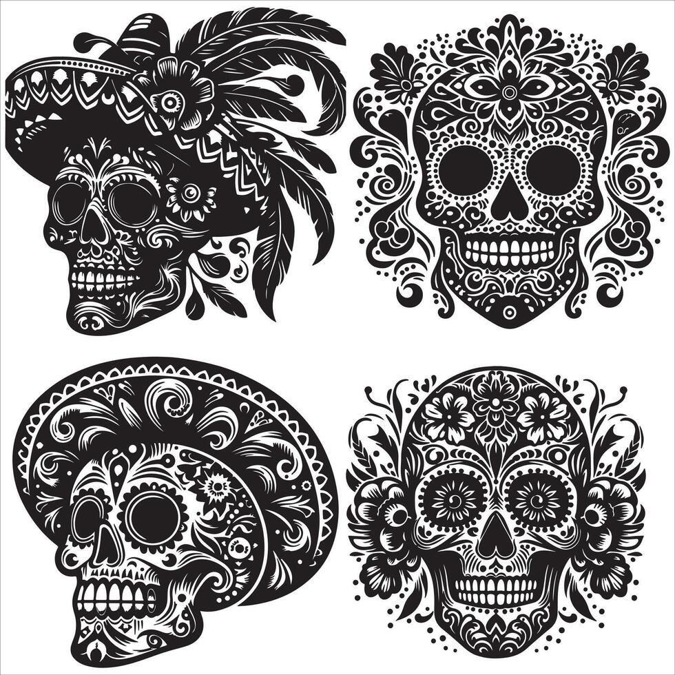 Mexican floral Skull silhouette design tattoo Illustration Set In Black And White stock illustrationPrint vector