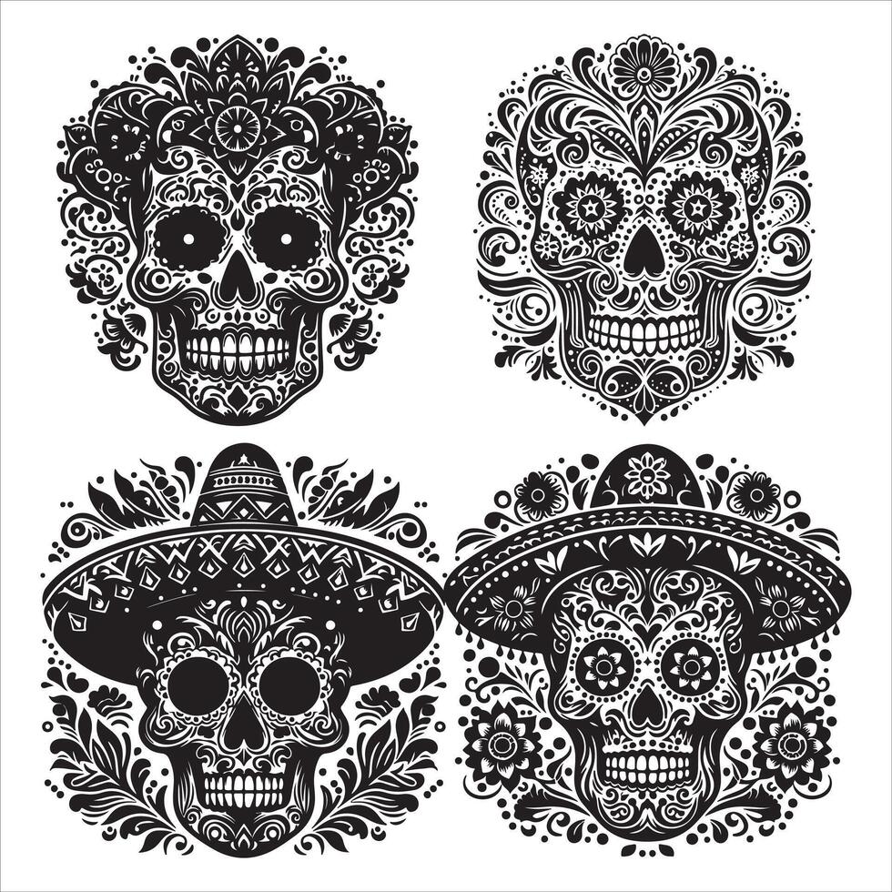 Mexican floral Skull silhouette design tattoo Illustration Set In Black And White stock illustrationPrint vector