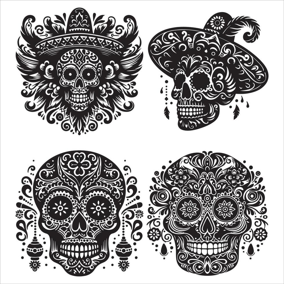 Mexican floral Skull silhouette design tattoo Illustration Set In Black And White stock illustrationPrint vector