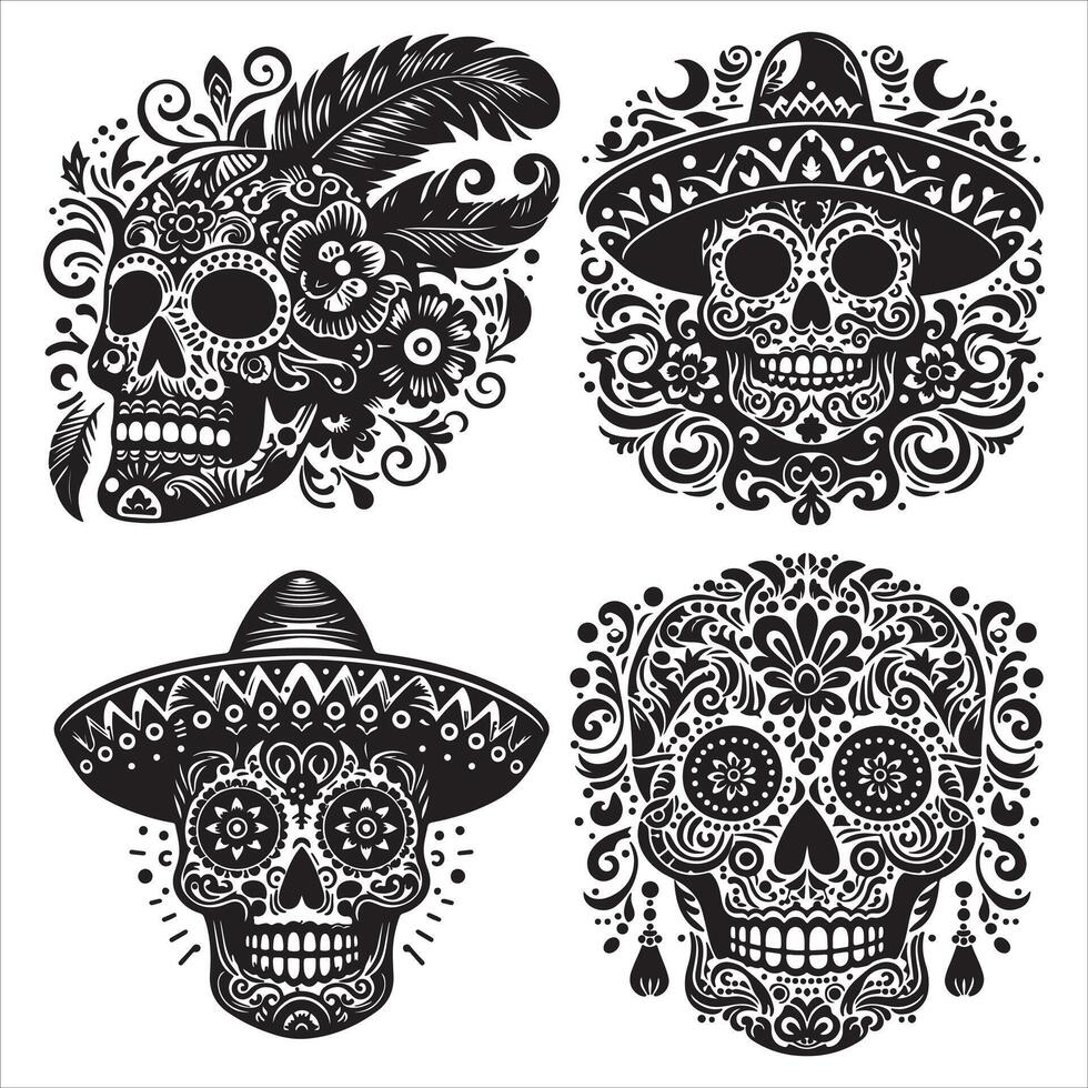 Mexican floral Skull silhouette design tattoo Illustration Set In Black And White stock illustrationPrint vector