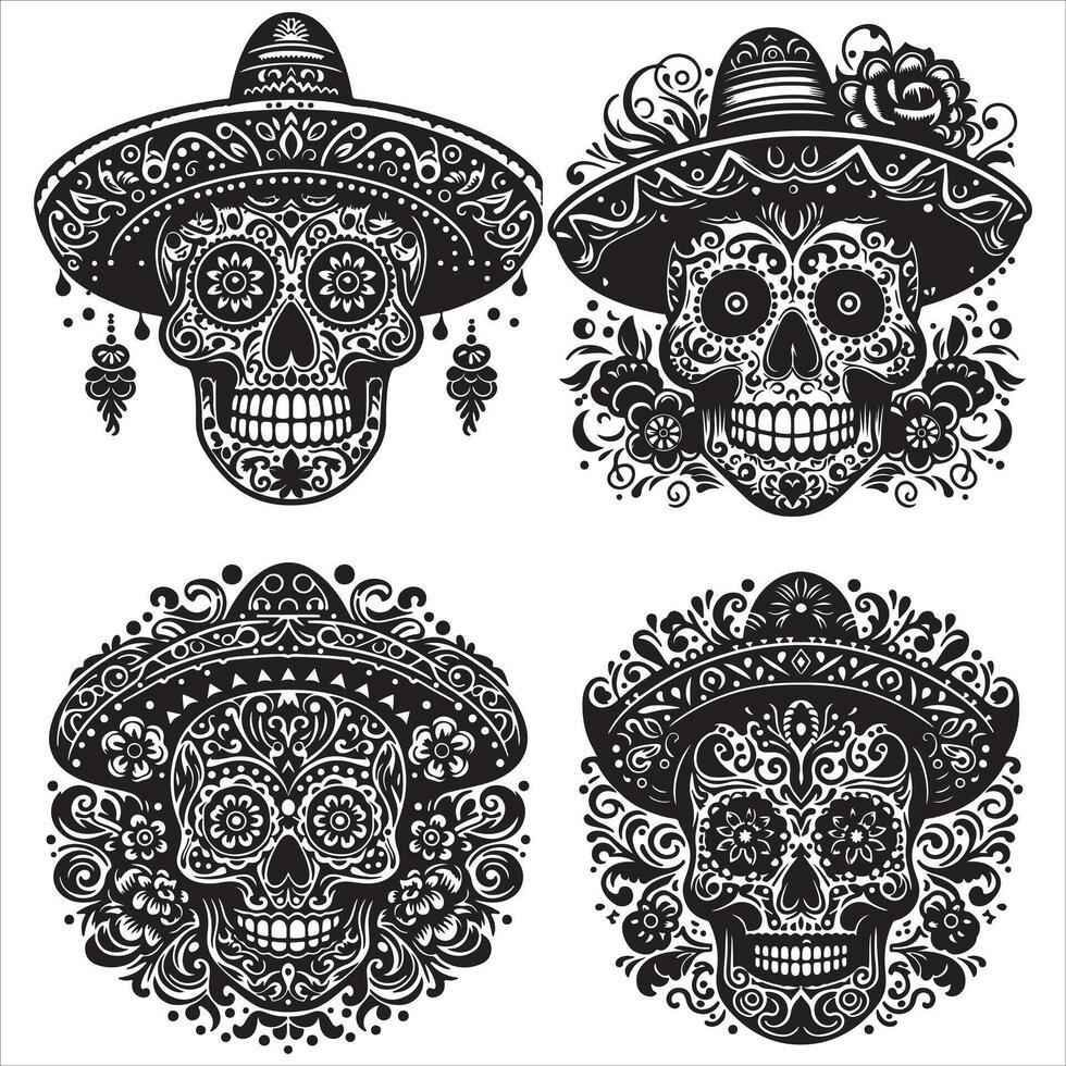 Mexican floral Skull silhouette design tattoo Illustration Set In Black And White stock illustrationPrint vector
