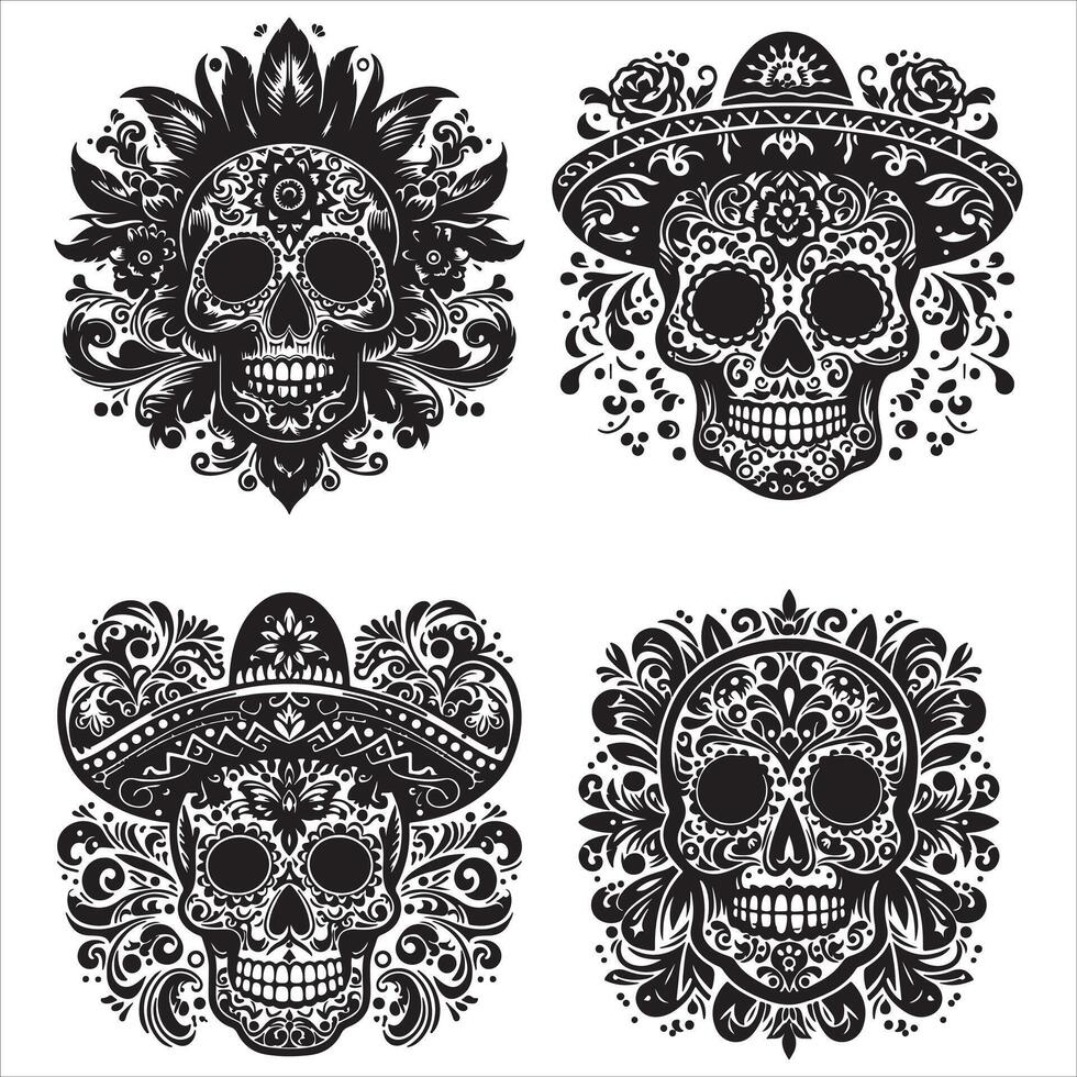 Mexican floral Skull silhouette design tattoo Illustration Set In Black And White stock illustrationPrint vector