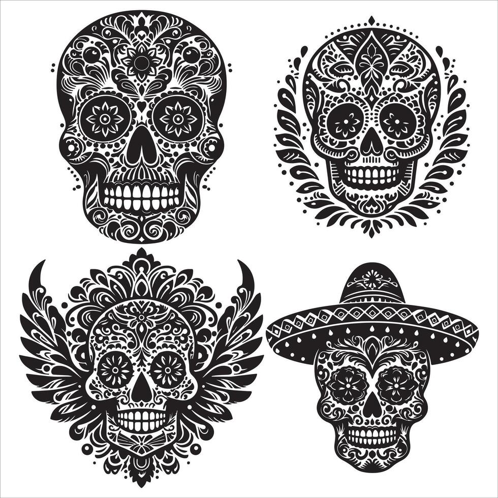 Day Of The Dead Mexican floral Skull silhouette design tattoo Illustration Set In Black And White stock illustration vector