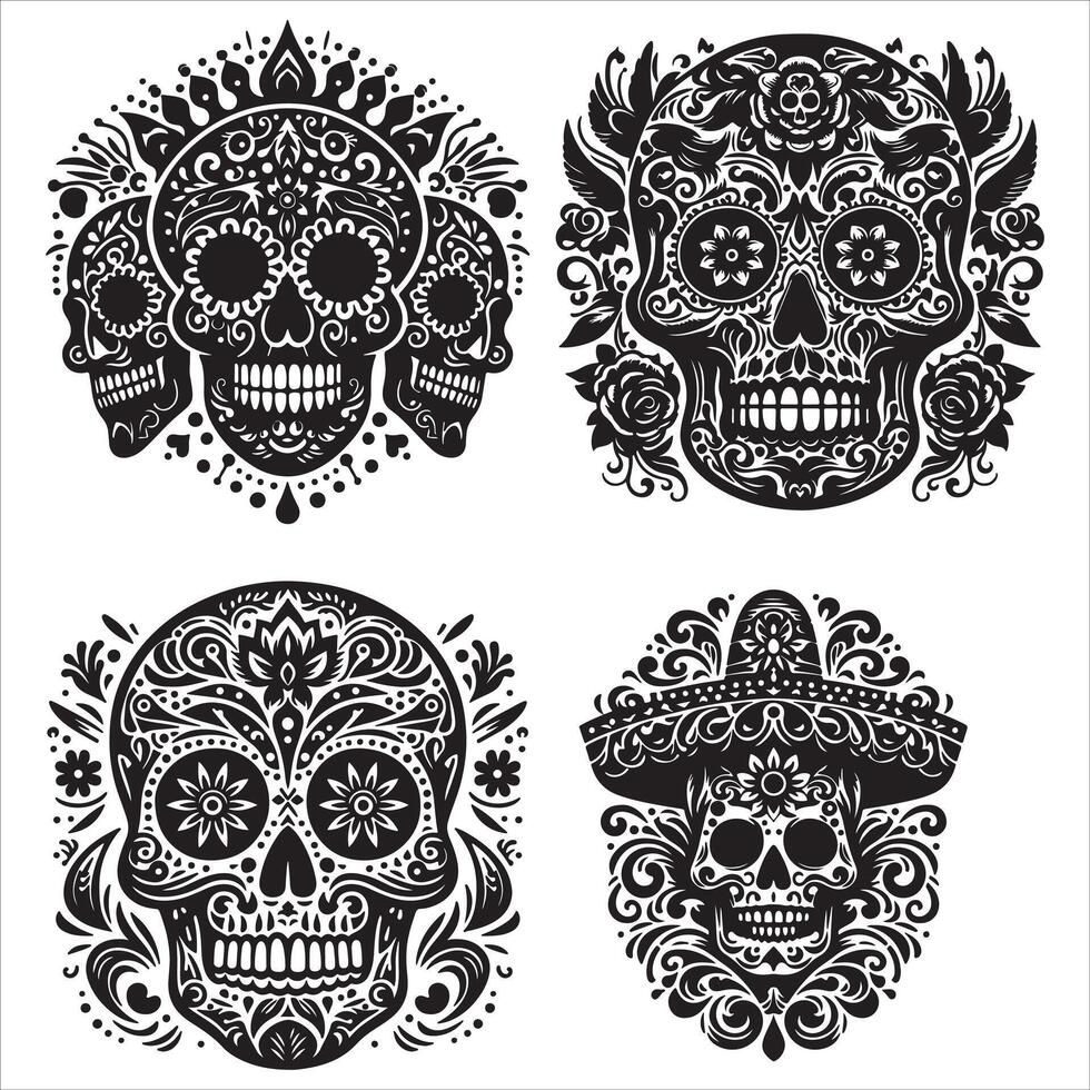 Day Of The Dead Mexican floral Skull silhouette design tattoo Illustration Set In Black And White stock illustration vector