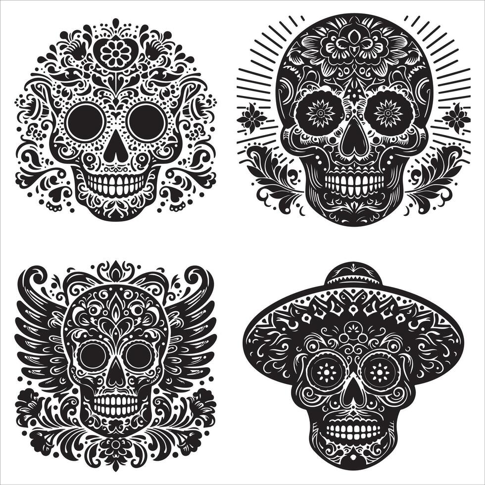 Day Of The Dead Mexican floral Skull silhouette design tattoo Illustration Set In Black And White stock illustration vector
