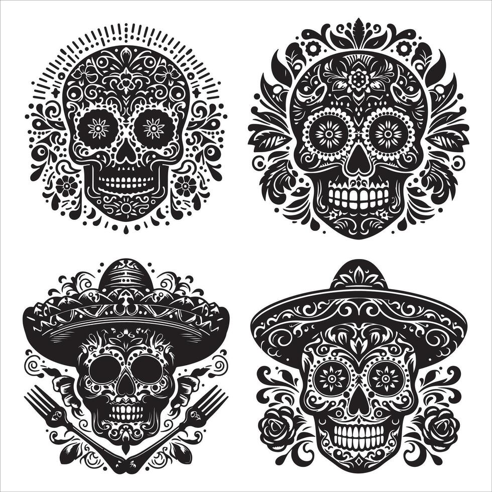 Day Of The Dead Mexican floral Skull silhouette design tattoo Illustration Set In Black And White stock illustration vector