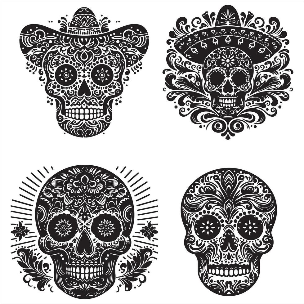 Day Of The Dead Mexican floral Skull silhouette design tattoo Illustration Set In Black And White stock illustration vector