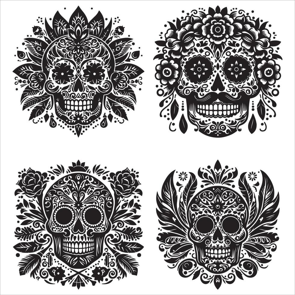 Mexican floral Skull silhouette design tattoo Illustration Set In Black And White stock illustrationPrint vector