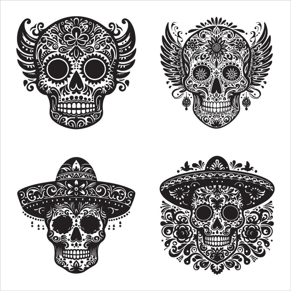 Day Of The Dead Mexican floral Skull silhouette design tattoo Illustration Set In Black And White stock illustration vector